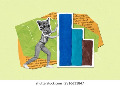 Collage pop retro sketch image of lady tiger head showing working presentation graphs isolated painting background