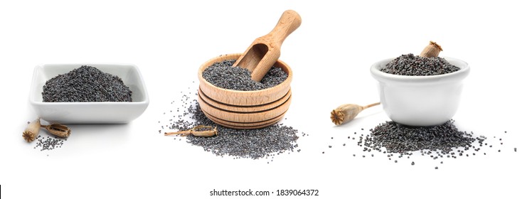 Collage with poppy seeds on white background. Banner design