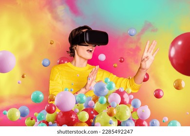 Collage portrait of astonished girl experience virtual reality goggles device interact metaverse flying colorful bubbles - Powered by Shutterstock