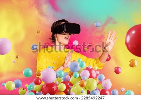 Collage portrait of astonished girl experience virtual reality goggles device interact metaverse flying colorful bubbles