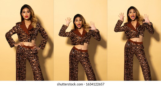 Collage Portrait Of Beautiful Asian Woman Feels Wow Smile. Girl Wears Leopard Pattern Jacket And Sneak Design Pants. Studio Sun Light Pastel Yellow Background With Shadow And Sweat Look On Face