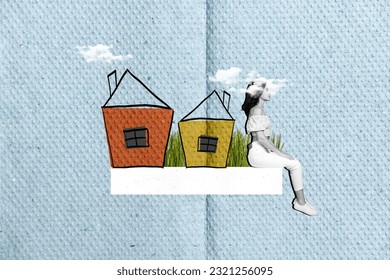 Collage portrait of black white effect minded girl little painted houses clouds sky isolated on paper background