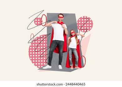 Collage portrait of cheerful funky father daughter superhero costume isolated on creative drawing white background - Powered by Shutterstock