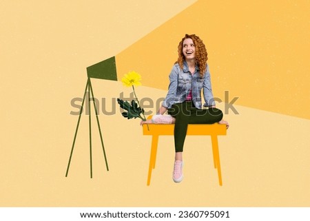 Collage portrait of cheerful girl sit painted table lamp light fresh daisy flower isolated on beige painted background