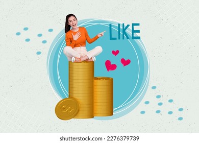 Collage portrait of excited amazed mini girl sit big pile stack money coins direct finger like hearts content monetization - Powered by Shutterstock