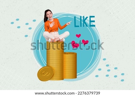 Collage portrait of excited amazed mini girl sit big pile stack money coins direct finger like hearts content monetization