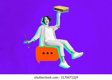 Collage portrait of excited person black white colors sit dialogue bubble hold book pencil isolated on creative violet background