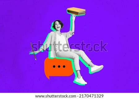Collage portrait of excited person black white colors sit dialogue bubble hold book pencil isolated on creative violet background