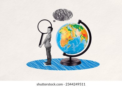 Collage portrait of happy funny mini black white effect boy hands hold big magnifier loupe planet earth world globe mind bubble - Powered by Shutterstock