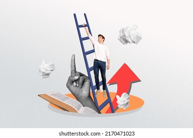 Collage portrait of hard working person climb ladder up huge hand point finger fly crumpled paper
