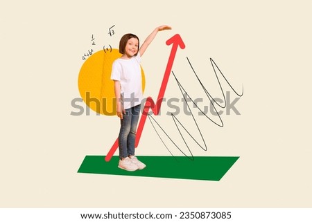 Collage portrait of intelligent cheerful small girl hand showing size growing upwards arrow algebraic equation formula isolated on creative background
