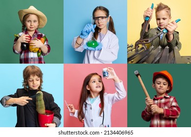 Collage. Portrait of little boys and girls, children in image of different professions posing isolated over multicolored background. Concept of occupation, modern specialists, childhood, game - Shutterstock ID 2134406965