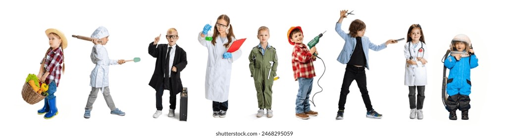 Collage. Portrait of little boys and girls, children in image of different professions posing isolated over multicolored background. Concept of profession,. employment, diversity, choice - Powered by Shutterstock