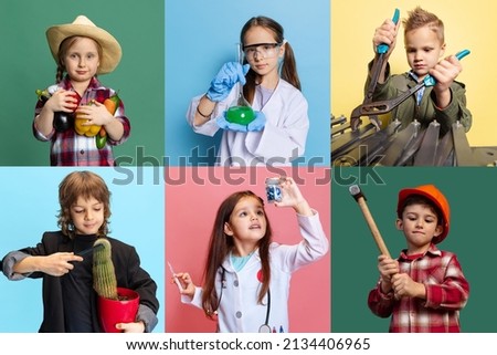 Collage. Portrait of little boys and girls, children in image of different professions posing isolated over multicolored background. Concept of occupation, modern specialists, childhood, game