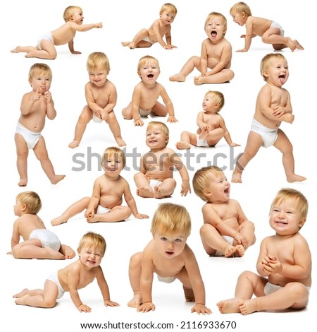 Collage of portrait of lovely baby boy posing in diaper, standing, crawling isolated over white studio background. Concept of childhood, motherhood, family, health, care. Copy space for ad