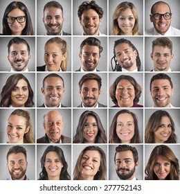 Collage of portrait of many smiling faces