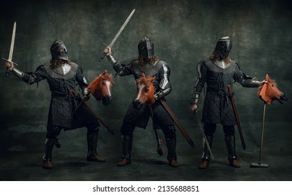 Collage. Portrait Of Medieval Warrior Or Knight Wearing Helmet And Armor Riding Toy Horse, Holding Big Sword Isolated Over Dark Background. Comparison Of Eras, History, Renaissance Style. Funny Meme