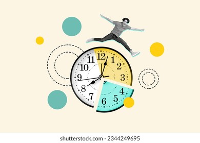 Collage portrait of mini black white effect overjoyed guy jumping above huge watch clock diagram isolated on drawing background - Powered by Shutterstock - Get 15% off with code: PIKWIZARD15