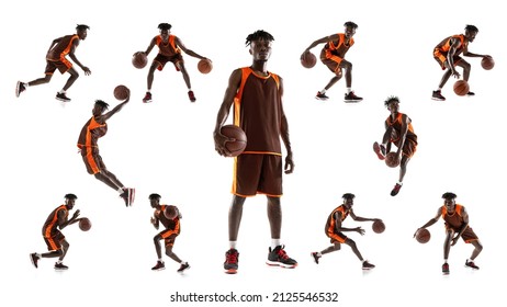 Collage of portrait of professional basketball player in brown uniform playing, training isolated over white background. Concept of professional sport, healthy lifestyle, action. Copy space for ad - Powered by Shutterstock