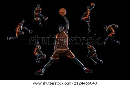 Collage of portrait of professional basketball player in uniform playing, training isolated over black background. Concept of professional sport, healthy lifestyle, action. Copy space for ad