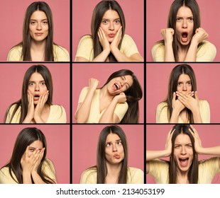 A Collage From A Portrait Of The Same Woman With Different Emotions On A Pink Background