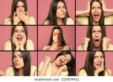 A Collage From A Portrait Of The Same Woman With Different Emotions On A Pink Background