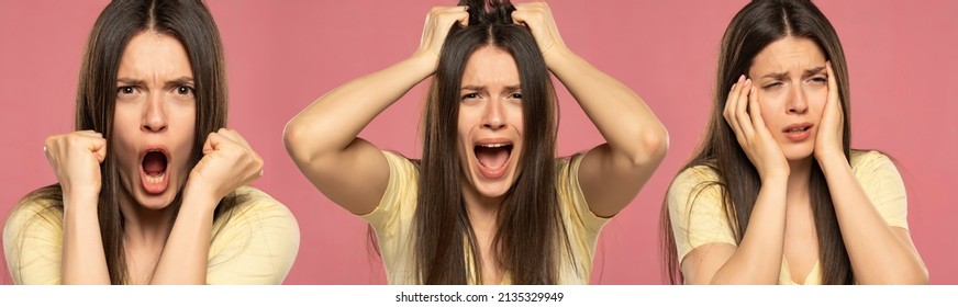 A Collage From A Portrait Of The Same Woman With Different Emotions On A Pink Background