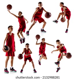 Collage Of Portrait Of Teen Boy, Basketball Player In Red Uniform Playing, Training Isolated Over White Background. Concept Of Professional Sport, Healthy Lifestyle, Action. Copy Space For Ad