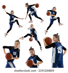 Collage. Portrait Of Teen Girl In Blue Uniform Training, Playing Basketball Isolated Over White Background. Sportive Youth. Concept Of Sport, Active Lifestyle, Health, Team Game And Ad