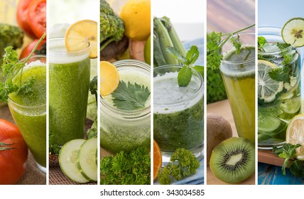 A collage portrait of various green color juices from tropical fruit