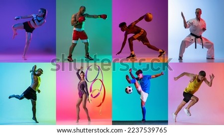 Collage. Portrait of young people, professional sportsmen training isolated over multicolored background in neon. Maintaining sportive lifestyle. Concept of sport, health, action. Copy space for ad