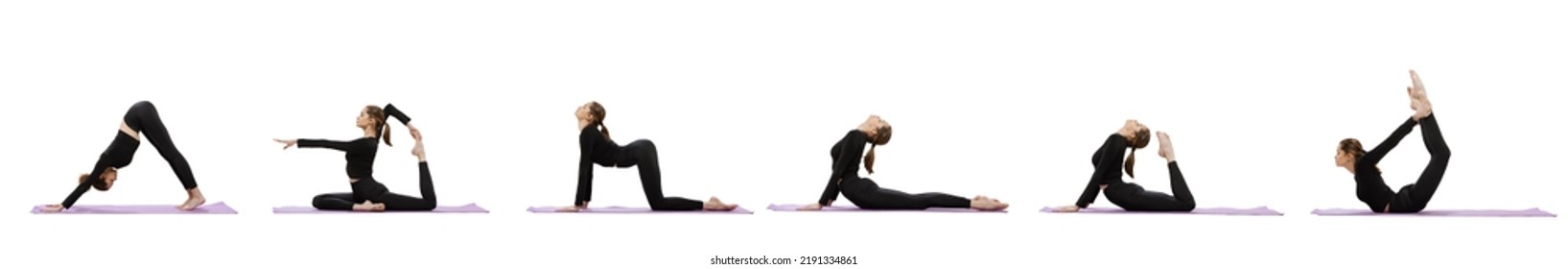 Collage. Portrait Of Young Woman In Black Gym Clothes Training On Purple Yoga Mat Isolated Over White Studio Background. Concept Of Yoga Lifestyle, Youth, Sport, Activity, Stretching