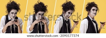 Collage of portraits of artistic woman in costume of famous movie character posing with alcohol drink isolated over yellow background. Concept of party, costume, creativity, Halloween, ad
