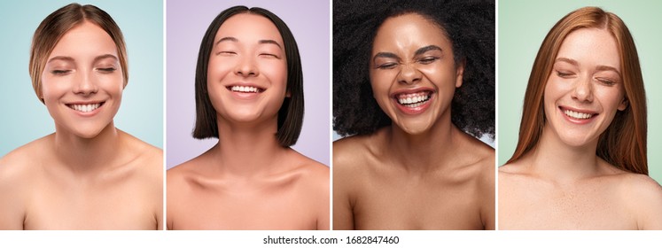 Collage of portraits of beautiful multiracial women with clean skin laughing with closed eyes against colorful backgrounds