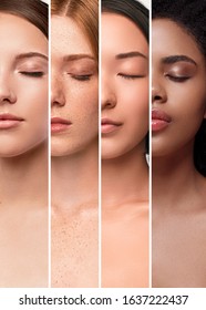 Collage Of Portraits Of Crop Multiracial Ladies With Various Skin Colors And Closed Eyes