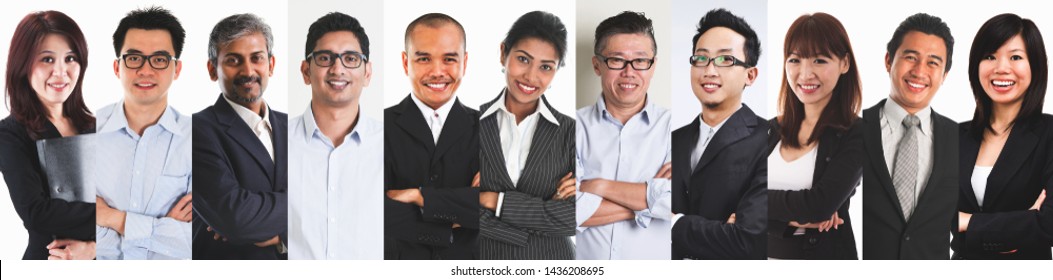 Collage portraits of diverse Asian people and mixed age group of focused business professionals.
