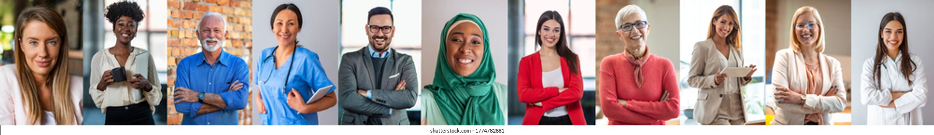 Collage of portraits of an ethnically diverse and mixed age group of focused business professionals. people of different races portrait set. Black, Caucasian, mix raced men and women multiple shot 