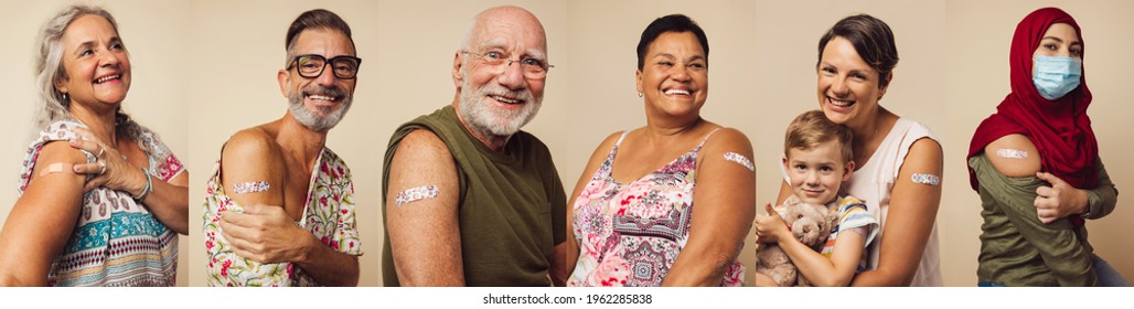 Collage Of Portraits Of An Ethnically Diverse And Mixed Age Group Of People Showing Their Shoulders With Band-aids On After Getting A Vaccine.