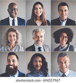 Collage of portraits of an ethnically diverse and mixed age group of focused businessmen and businesswomen