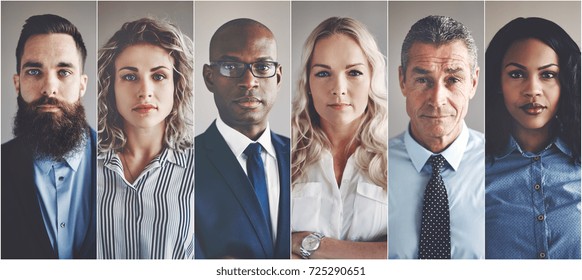 Collage of portraits of an ethnically diverse and mixed age group of focused business professionals - Shutterstock ID 725290651