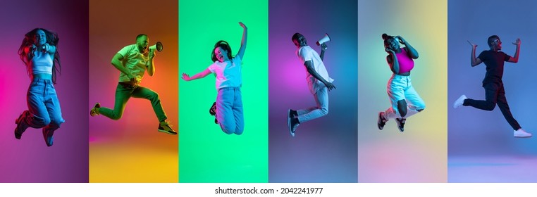Collage of portraits of an ethnically diverse people joyfuly jumping isolated over multicolored background. Youth culture. Concept of emotions, facial expression, feelings, fashion, beauty, ad - Shutterstock ID 2042241977