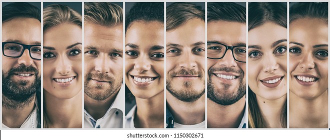 Collage of portraits of an ethnically diverse young business people.