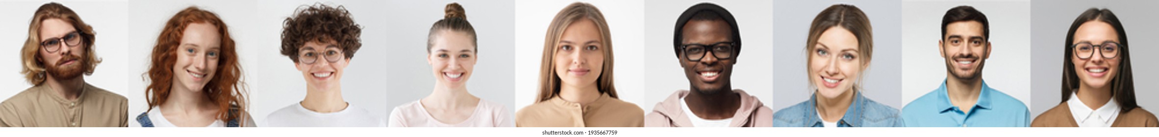 Collage of portraits and faces of multiracial group of various smiling young men and women, good use for userpic and profile picture. Diversity concept  - Shutterstock ID 1935667759