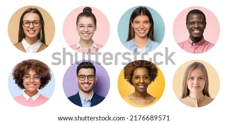 Collage of portraits and faces of multiracial group of various smiling young diverse people for profile picture