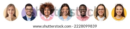 Collage of portraits and faces of multiracial group of various smiling young diverse people for userpic and profile picture
