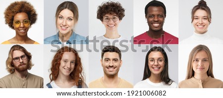 Collage of portraits and faces of multiracial millennial group of various smiling young people, good use for userpic and profile picture. Diversity concept 