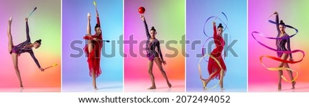 Collage of portraits female rhythmic gymnast in motion with bright ribbon, ball isolated over multicolored background. Concept of active life, dynamics, energy, sport, competition. Copy space for ad