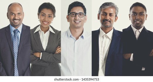 Collage portraits of Indian people, mixed age group of focused business professionals.