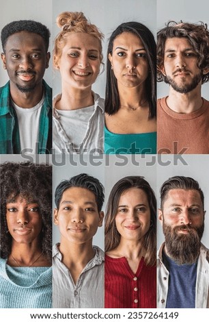 Collage of portraits of men and women of an ethnically diverse and mixed age group. Happy different ethnicity young and middle aged people. Headshots looking at the camer in mosaic collection. Foto stock © 