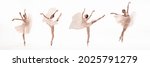 Collage of portraits of one young beautiful female ballet dancer in different images dancing with silk fabric isolated on white background. Concept of art, beauty, aspiration, creativity.
